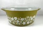 VTG PYREX 475-B GREEN SPRING BLOSSOM CRAZY DAISY 2.5 QT CASSEROLE DISH w/ LID