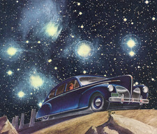 Original Collage Art Handmade Surreal Vintage Outer Space Blue Car Stars Artwork