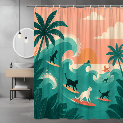 Surfing Cats Shower Curtain - Fun Coastal Decor for Cat Lovers