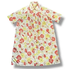 Vintage 60s/70s House Dress Poppy Floral Print Snaps Pockets Collared Mod Large