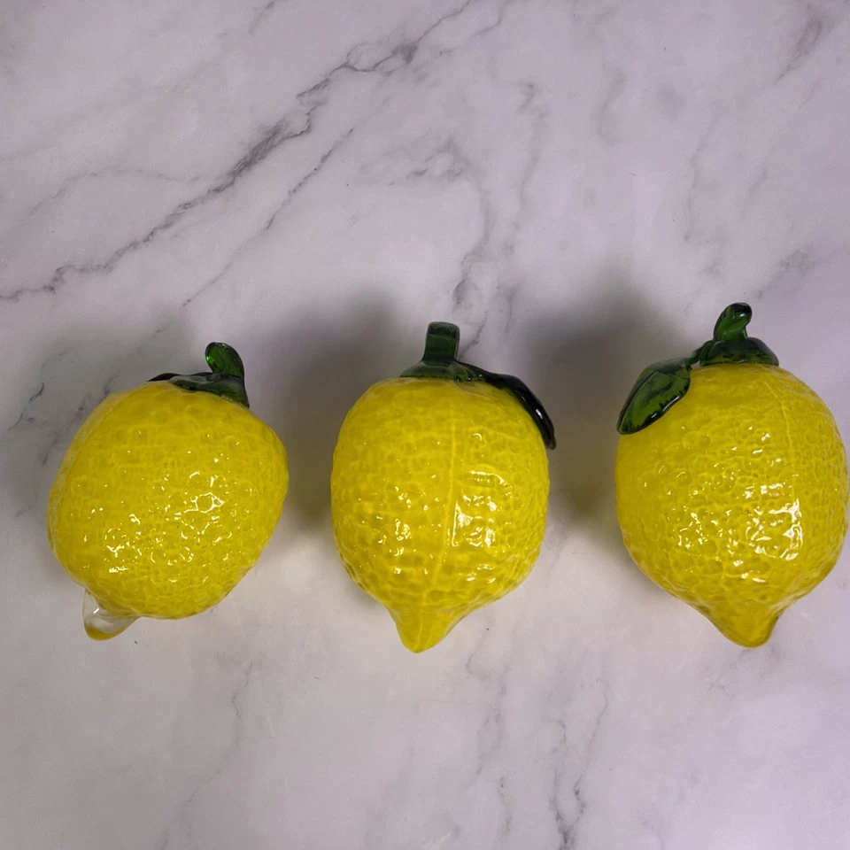 Lote De 3 Vintage Estilo Murano Soplado A Mano Arte Vidrio Limones Fruta Decoración 5"x3" Foto 2 de 4