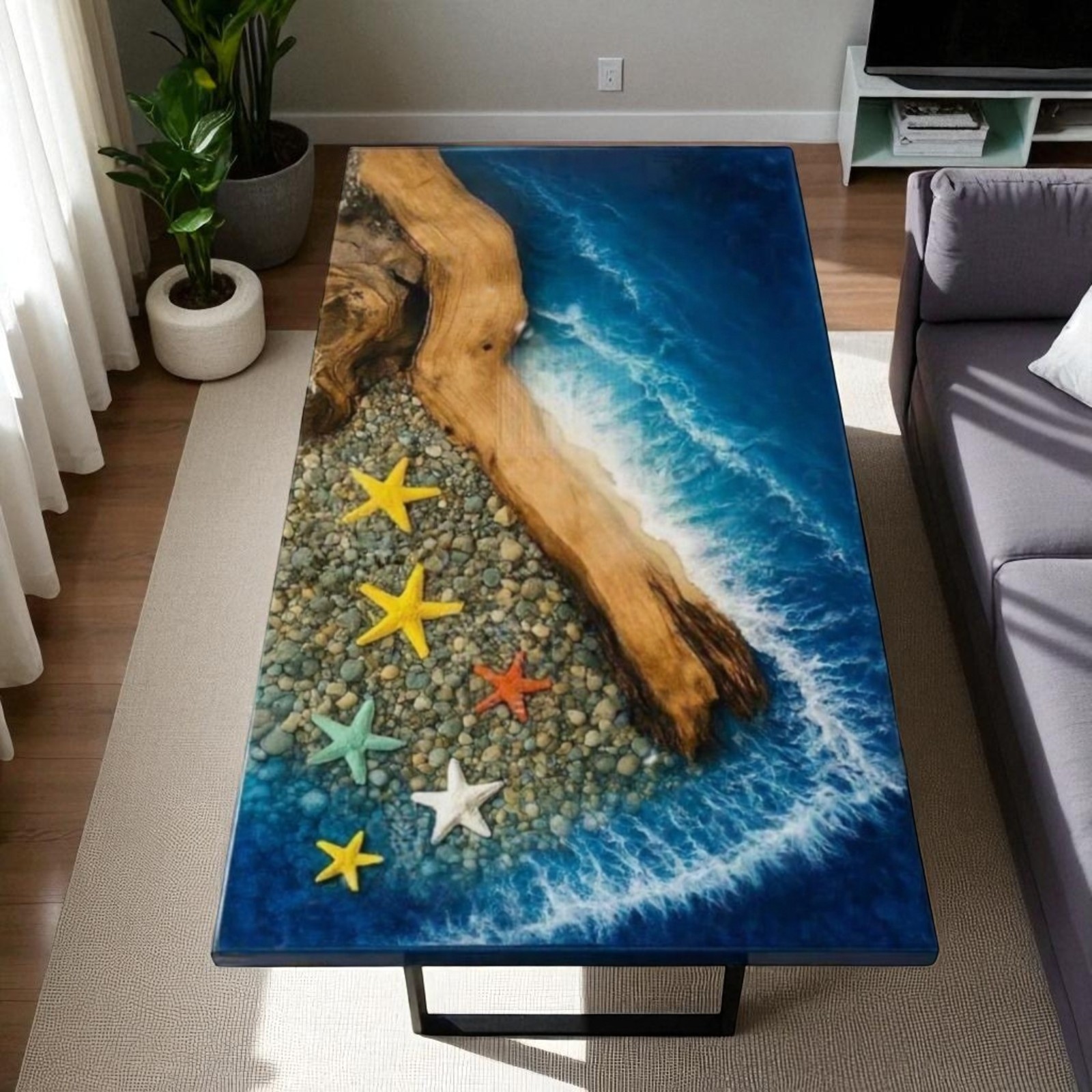 60x30 Acacia Wood Live Edge Epoxy Resin Ocean Wave Dining Table-image