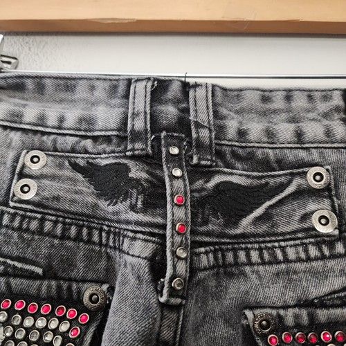 Robins Jeans Studded Flap Pockets Wings Mens 32x32 Gray Embroidered Rhinestones - Picture 6 of 17