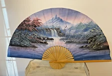 Hand Painted  Asian Wall Fan Scenic Zen Waterfall Lg 60” X 35” Nature's Beauty