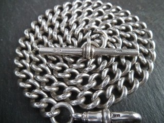 HEAVY 61g CHUNKY Solid Silver Albert Pocket Watch Chain T Bar Necklace Lions