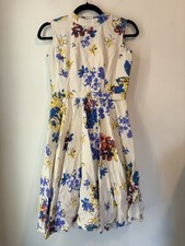 Handmade Cottagecore Floral Dress S Fit Flare Cream Blue Yellow Midi Sleeveless