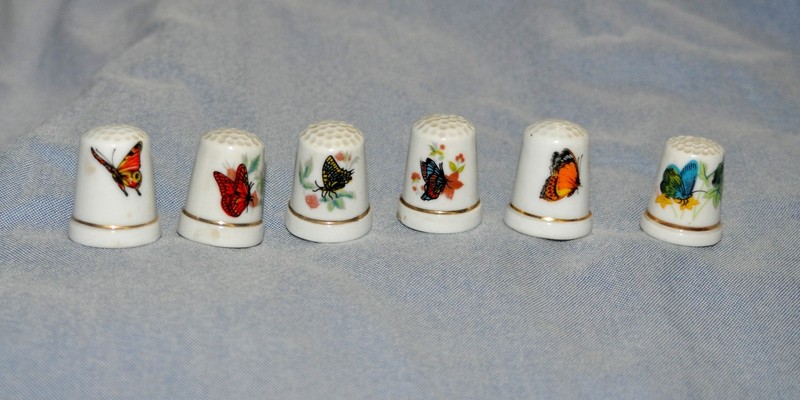 Vintage Porcelain Thimbles Set of 6   Butterfly   Ceramic Sewing Decor