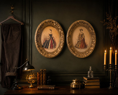 Vintage Oval Framed Costume Portrait Prints Pair Anne Boleyn Style Wall Decor