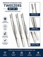 Set Of 3 Stainless Steel Surgical Tweezers Serrated Dressing Forceps