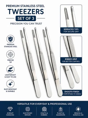 Set Of 3 Stainless Steel Surgical Tweezers Serrated Dressing Forceps - Image 1 of 4