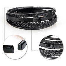 Men Jewelry Black Braided Leather Bracelet Multi-Layer Stainless Steel Clasp A