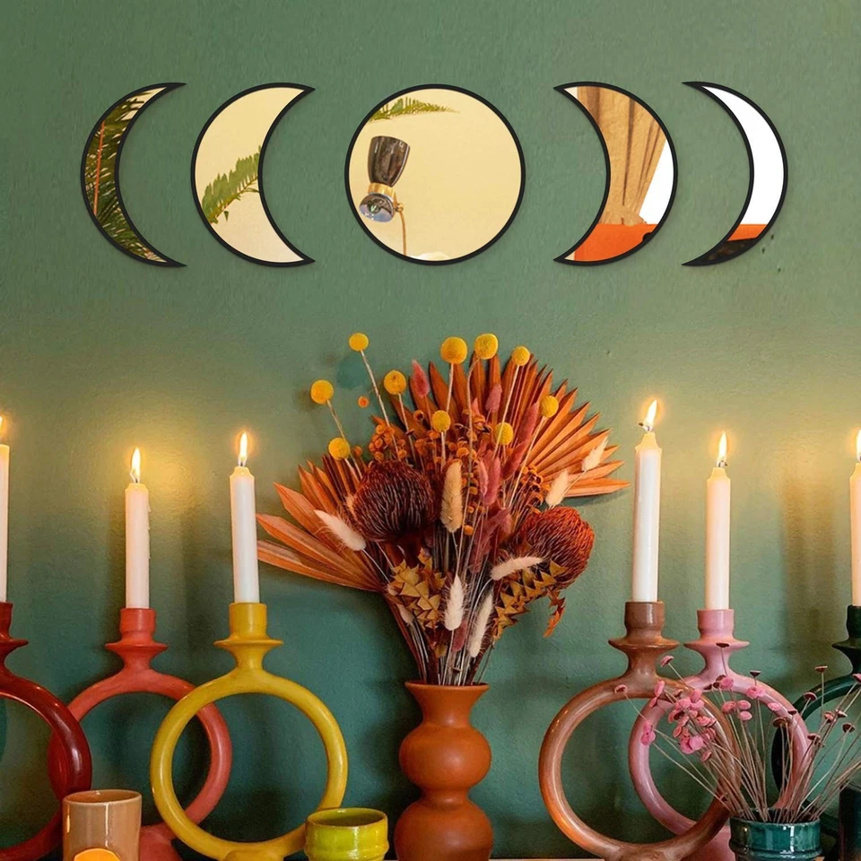 Juego de espejos fase lunar 5 piezas acrílico natural decoración de pared para el hogar Foto 2 de 4