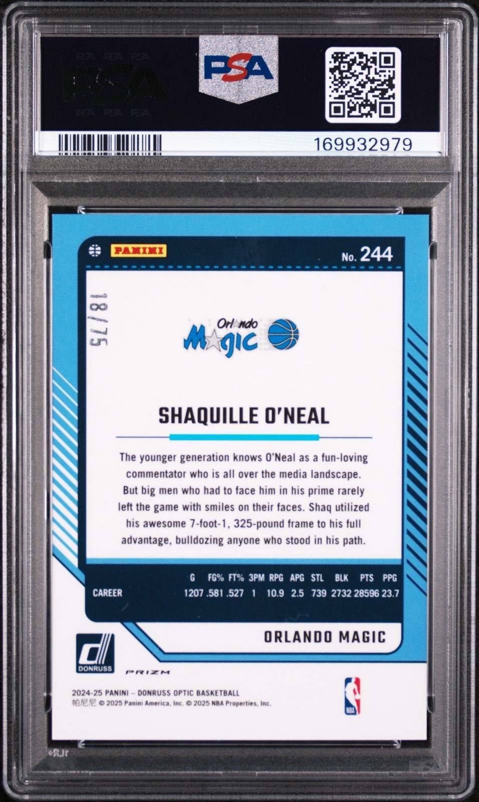 Shaquille O'Neal 2024 Donruss Optic #244 Red Sparkle Glitter /75 PSA 10 GEM MINT view 2