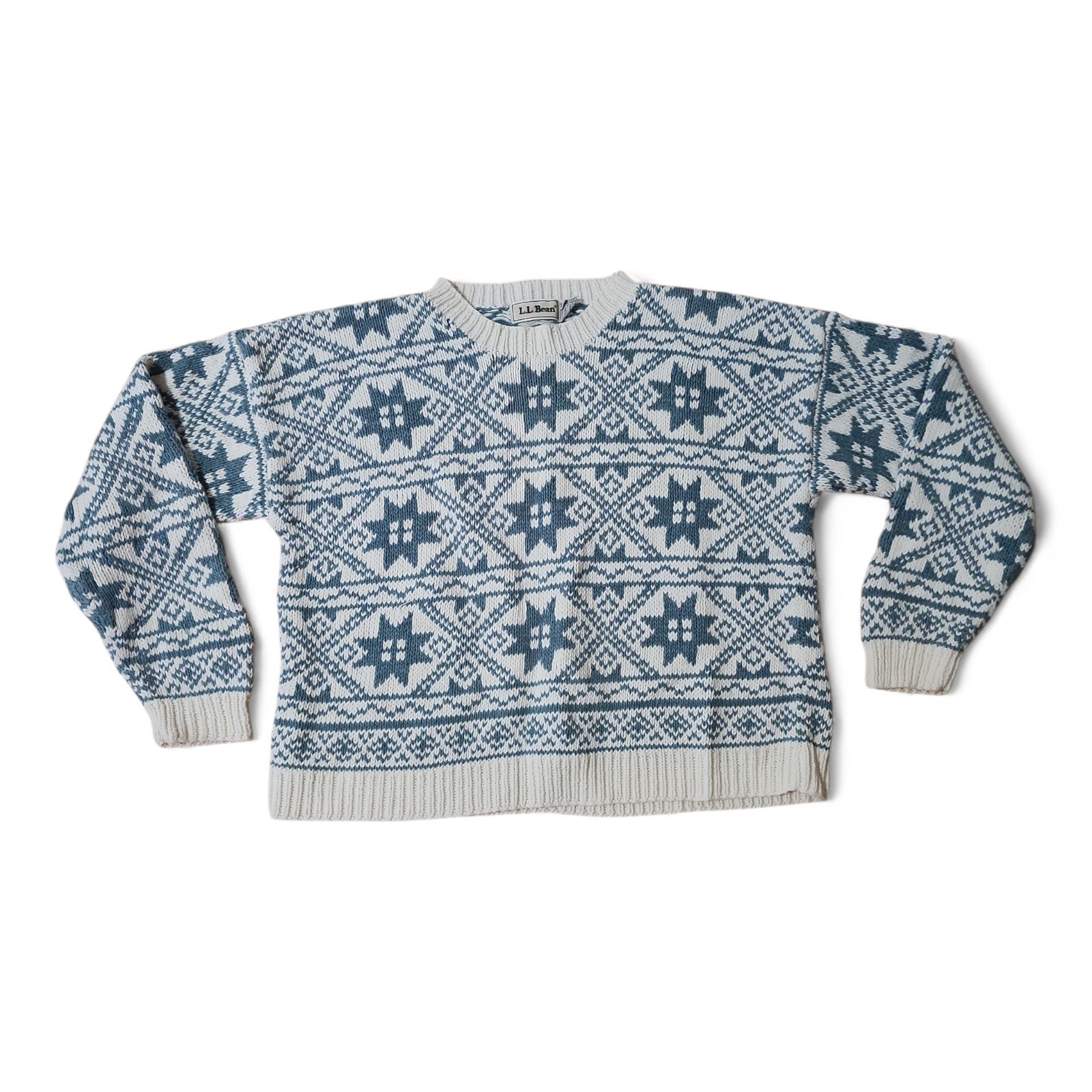 Vtg LL BEAN Women's Ramie Blend Knit Green Cream Snowflake Sweater L Hong Kong