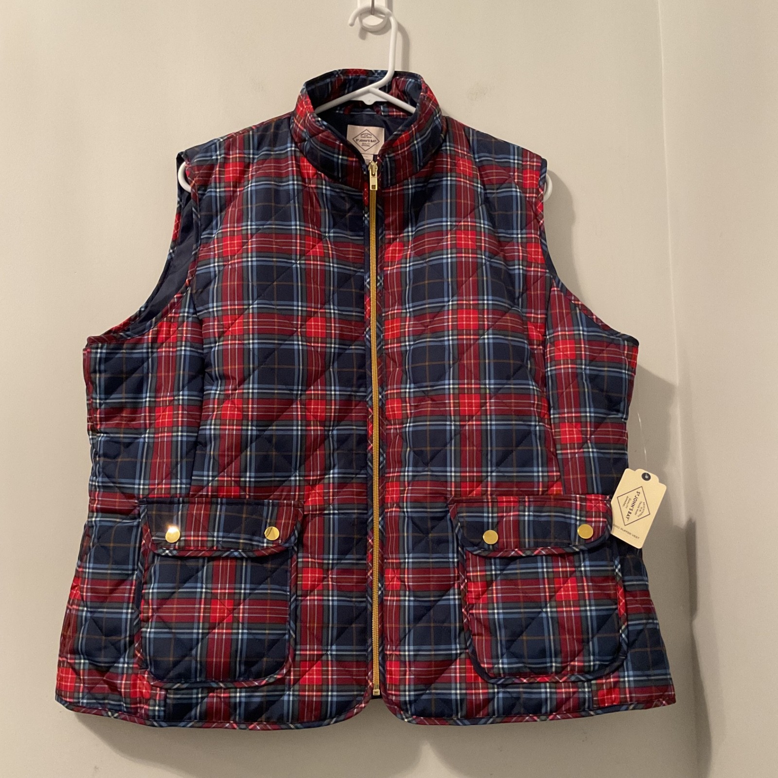 St John's Bay Women's Quillted Puffer Vest Size XXL Blue Red Plaid Full Zip NWT