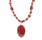 VTG Red Beaded Necklace Oval Pendant Speckled Art Boho Costume Fashion Jewelry