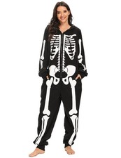 Adult Women's Skeleton Halloween Costume - Unisex Jumpsuit Plush Pajamas Ones...