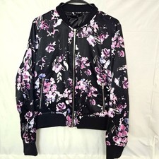 a.n.a. Black Pink Floral Zip Front Lined Jacket Women's Size Large Satin Feel
