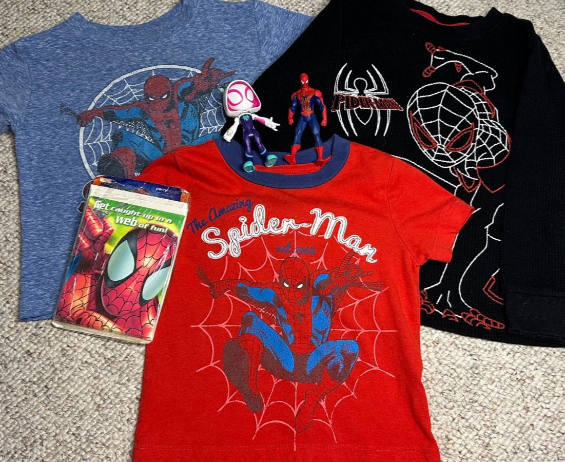 Y2K Spider-Man Bundle Lot 6- 3 Shirts NOS Party Invites 2 Figures Vintage Boy