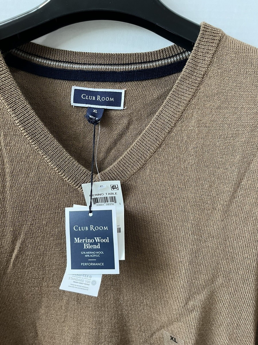 m‼️ Club Room Men's V Neck Merino Wool Blend Sweater Size XL fawn