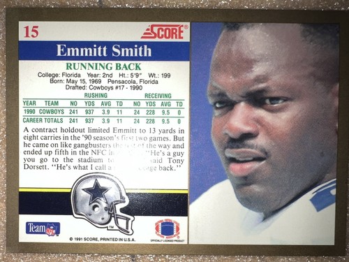 1991 Score Emmitt Smith #15 Dallas Cowboys NFL football card. Vintage. Mint - Picture 2 of 2