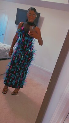 Akira Black Long Sleeveless Multi Color Feather Dress | eBay