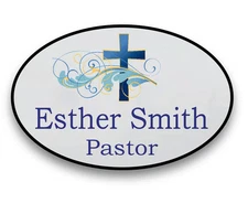 CHURCH NAME BADGE #5 PERSONALIZED CUSTOM SILVER OVAL SHAPED MAGNETIC FASTENER