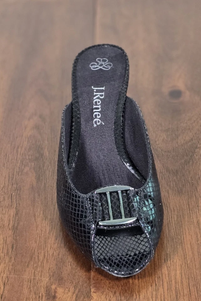 Salto anabela feminino J Renee couro preto mula pele de cobra falsa tamanho 8,5 W - Imagem 4 de 4