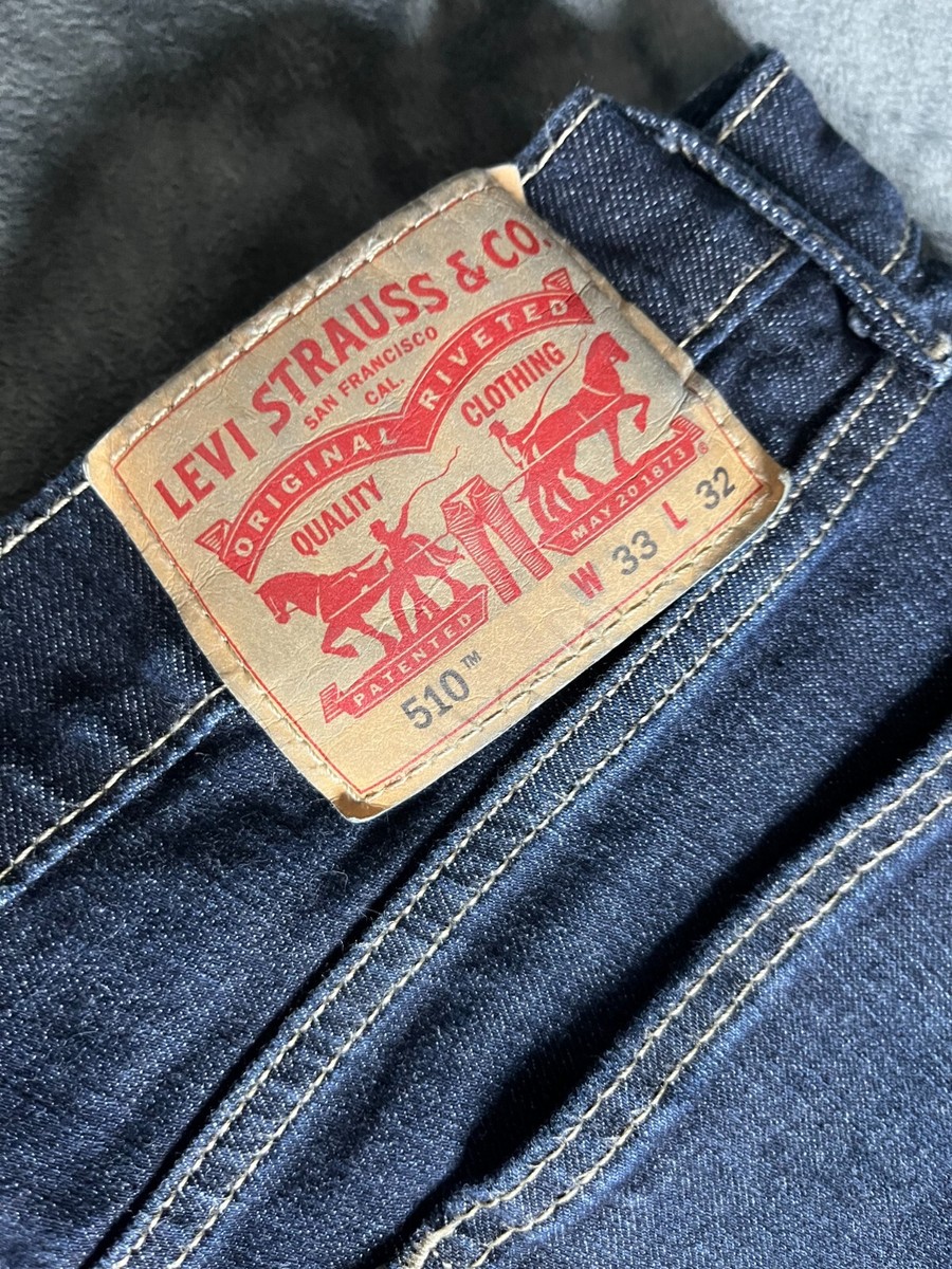 LEVI'S 510 MENS 33W 32L JEANS BLUE LEATHER LOGO 5 pockets zip