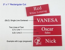 Custom Employee Name Tag RED - white lettering, 3x1 square corner,  attachment
