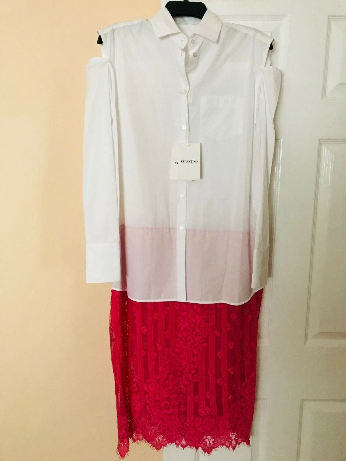 Abito Camicia Valentino 3.2k Nuovo Bianco Popeline Gonna Pizzo Rosa Attaccato IT38 S M L