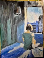 Hand Painted Acrylic Painting of a  "Girl and the City" 1 . Signed