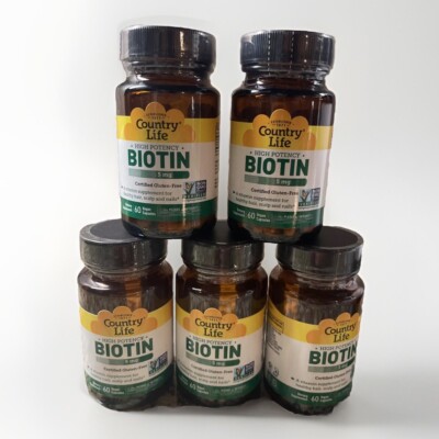 Biotin Country Life High Potency 5 mg 60 Vegan Caps Gluten-Free, GMP (5 Bottles)