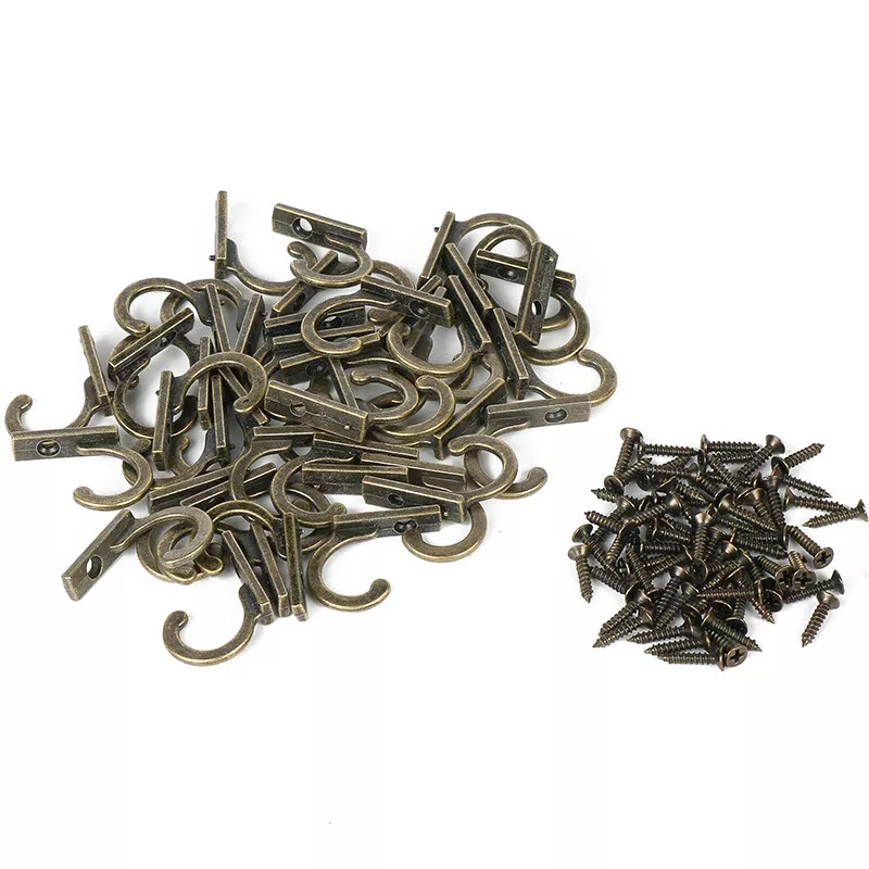 50PCS SMALL ANTIQUE SINGLE ROW HOOKS FOR SHOPPING BAGS HAT WALL HANGING W/  SCREW