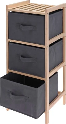 Wooden Storage Cabinet with 3 Grey Fabric Drawers Bedroom Bathroom Unit Cupboard