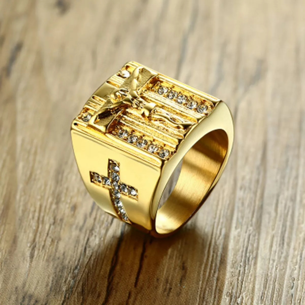 Mens gold crucifix on sale ring