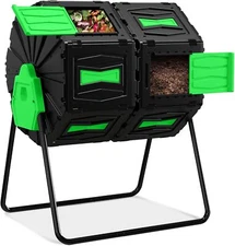 Composting Tumbler Bin Outdoor 45 Gal Dual Chambers Fertile 360° Rotation Green