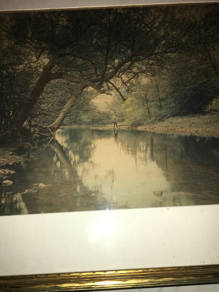 Litografía tintada a mano de la era Art Deco pesca con mosca Foto 4 de 4