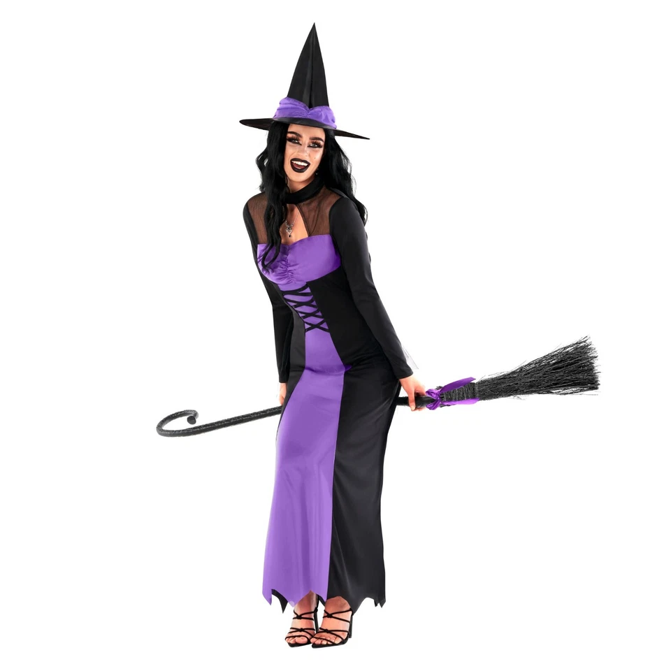 Sexy Mujer Largo Púrpura Bruja Halloween Disfraz y Sombrero Damas Vestido Malvado S-3XL Foto 2 de 4