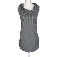 Talbots Petites Black White Gingham Ruffle Neck Sleeveless Shift Dress 4P Knee