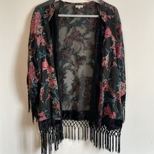 River Island Black Floral Fringed Kimono Size M