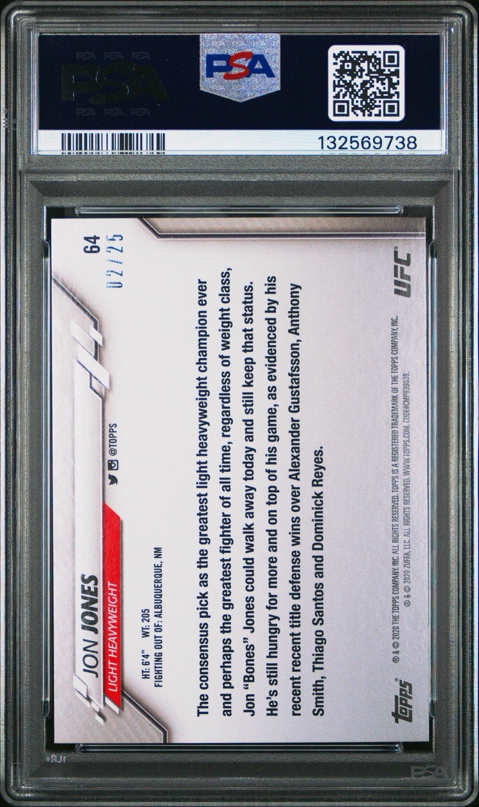 2020 TOPPS UFC #64 JON JONES CAMO /25 PSA 9 *SUPER RARE CARD* GOAT view 2