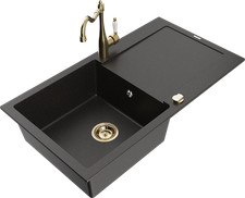 Évier en granit Mexen Leo avec égouttoir et mitigeur, noir/or