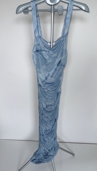 Good American Ruched Maxi Dress Size 3 Blue Denim Print Bodycon