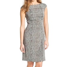 Tory Burch Cocktail Sheath Dress 12 Brown Print Cap Sleeve Stretch Luxury Office