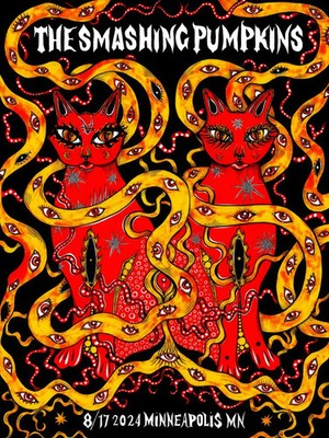 Rock Concert Poster Art With Red Cats And Yellow Serpents, Minneapolis 2024