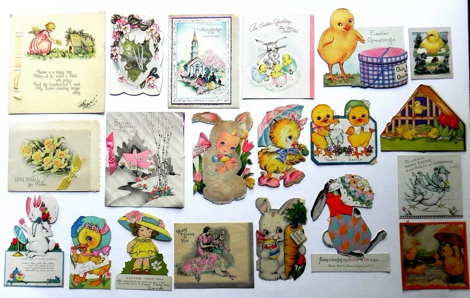 Lote de 173 tarjetas de felicitación vintage de Pascua en su mayoría 1920-60 troqueladas manualidades para niños Foto 4 de 4