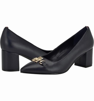 Tommy Hilfiger Black Leather Pointed Toe Slip On Block Heel Pumps US 8 Logo