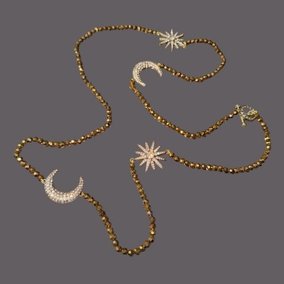 RARE Heidi Daus Celestial Moon Star Necklace Bronze Aurora Bead Pave Rhinestone