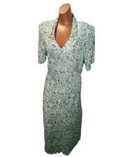 Vtg 90s Cottage Prairie Draped Maxi Dress Green Floral Lacey V-Neck Button L XL